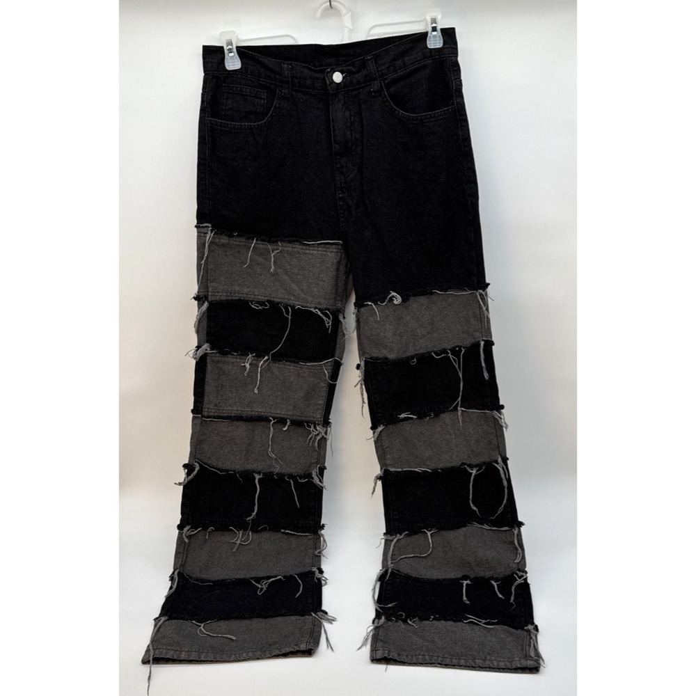 Y2K Black Grey Wide Leg Patchwork Fringe Edge Jeans Shein Goth Skate Size Teen M
